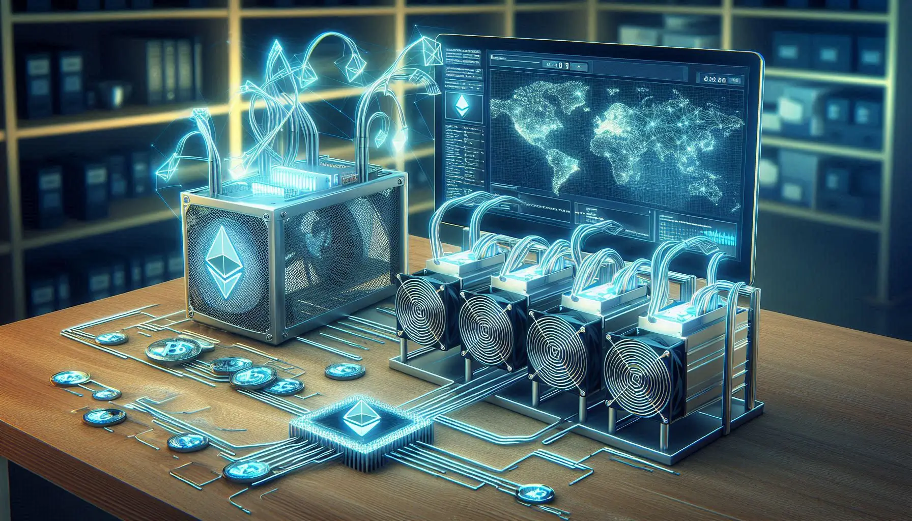 A visual representation of Ethereum mining using the Bitmain Antminer E9. Display the miner in a mining rig setup, with a clear focus on Ethereum mining performance