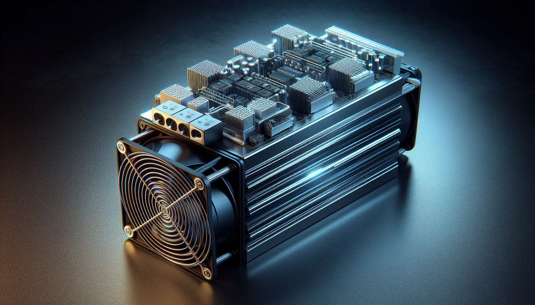 A detailed image of the Bitmain Antminer E9, showcasing the sleek design and powerful hardware. Emphasize the cooling system and hash rate specifications.